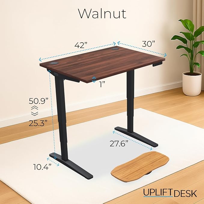 UPLIFTDESK V2 2-Leg Walnut Laminate Wood Standing Desk – Adjustable Height, Advanced 1-Touch Memory Keypad, Under Desk Cable Management, Wire Grommets & Rocker Board (Black C-Frame, 42 x 30 inch)