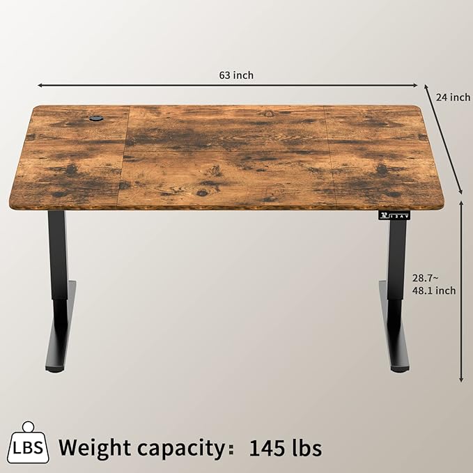 Furmax Electric Height Adjustable Standing Desk Large 63 x 24 Inches Sit Stand up Desk Home Office Computer Desk Memory Preset with T-Shaped Metal Bracket, Brown