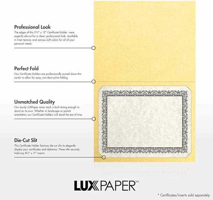 LUXPaper 9.5" x 12" Certificate Holders | Gold Metallic | 100lb. Cover | 250 Qty