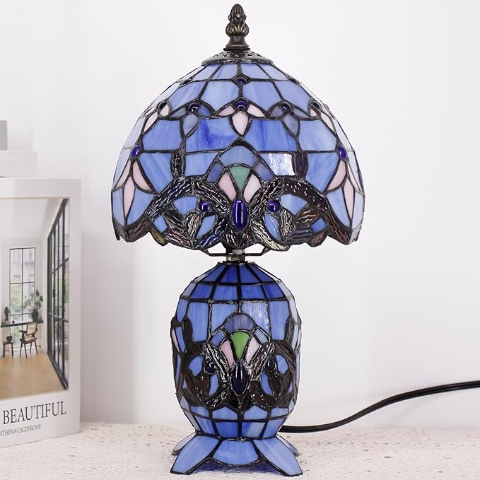Small Tiffany Lamp Stained Glass Table Lamp Mini Mother Daughter Vase Desk Accent Light for Bedroom Bedside Reading Home Antique Style Decor 8X14 Inches (Blue Baroque)