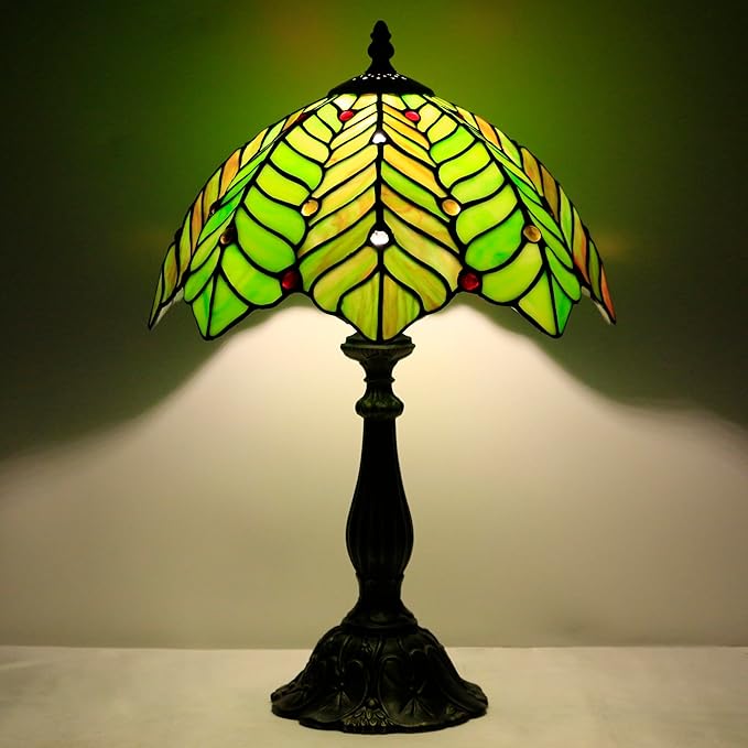 Tiffany Lamp Touch Control Table Lamp Brown Green Leaf Style Stained Glass Desk Lamp 12X12X19 Inches Reading Light
