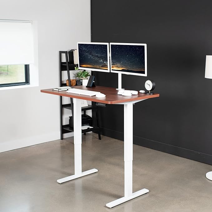 VIVO Electric 48 x 30 in Standing Desk, Memory Height Adjustment, 1B Series, One-Piece Dark Walnut Top, White Frame, DESK-KIT-1W5D