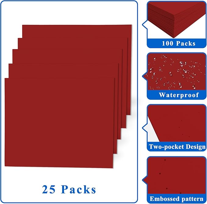Zzrywuty 25 Packs Paper Folders with Pockets for Students,Businessmen and Office Workers,Letter Size,Two Pocket Folders with Card Slot for Office,Business,School Supplies (Red)