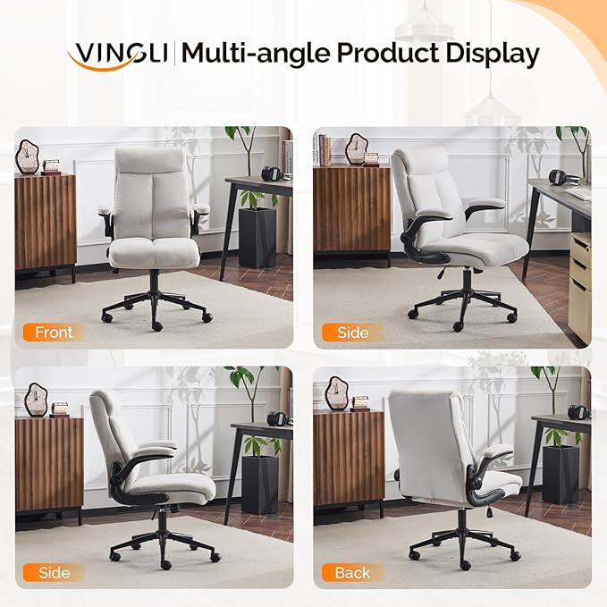 VINGLI Rolling Ergonomic Office Desk Chair with Padded Flip-up Arms, 360° Swivel High Back Executive Computer Chair with Wheels for Game,Home Small Space, Study Room, Reading Room, Linen Light Grey