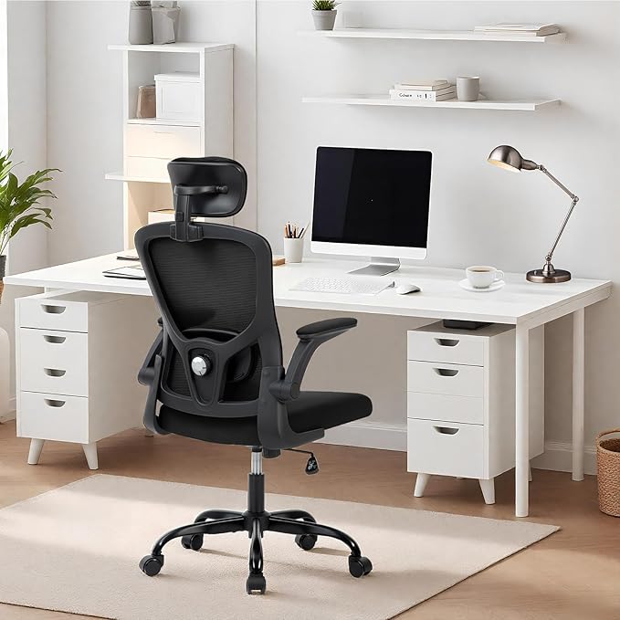 Office Chair – Ergonomic Desk Chair, Adjustable Lumbar Support and Headrest, Flip-Up Armrests, Mesh Computer Desk Chair, Swivel Rolling Executive Gaming Chair for Home & Office (Black)