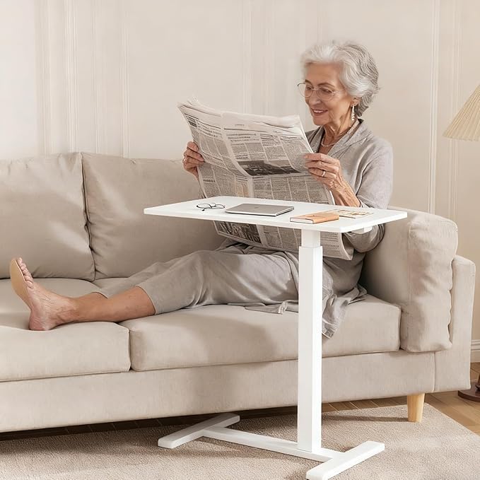 Rolling Standing Desk with Hidden Wheels,Overbed Bedside Table Adjustable Height,Pneumatic Laptop Desk Rolling Computer Cart for Home,Office,White