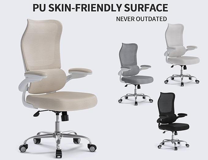 TRALT Ergonomic Office Chair - Desk Chair with Wave High Back Adjustable Lumbar Support Computer Chair - Gaming Chairs Mesh Backrest and PU Leather Seat for Home Reading Chairs to Adults(Beige)