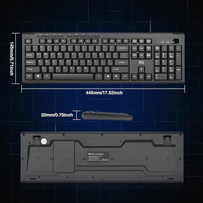 Rii RK907 Ultra-Slim Compact USB Wired Keyboard for Mac and PC,Windows 10/8 / 7 / Vista/XP (Black) (1PCS)