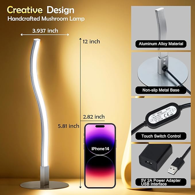 Spiral Lamp for Office,3 CCT 2700K/4500K/6500K Stepless Dimmable Silver Table lamp with USB Adapter,Modern Nightstand Lamp,Unique Bedside Table Lamps,Small Lamp for Nightstand,Living Room,Bedroom