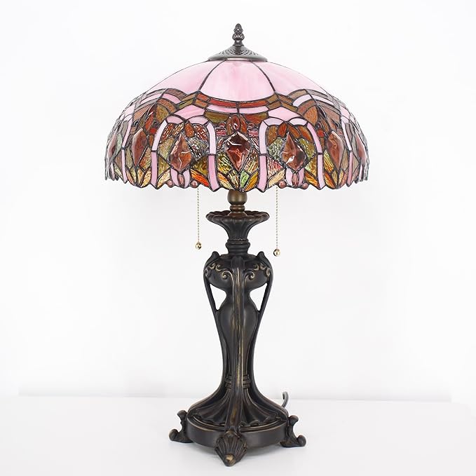Tiffany Lamp Stained Glass Table Lamp 16X16X24 inchTiffany Style Desk Reading Light Resin Base Decor Bedroom Living Room Home Office (Pink Jewelry)