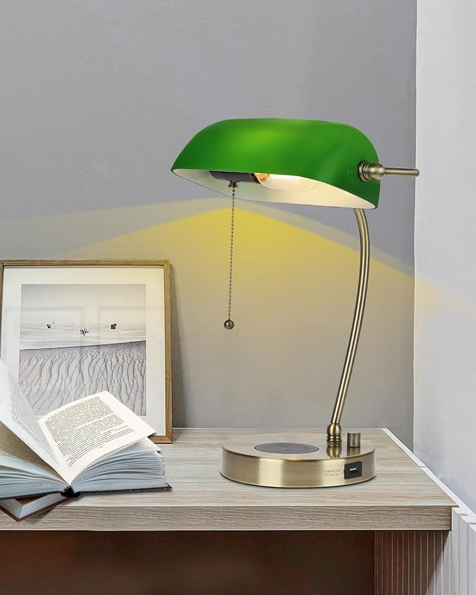 Newrays Green Glass Bankers Desk Lamp with Wireless Charger, USB Charging Port for Home Office,Stepless Dimmable Table Lamp Plug in Fixture,LED Bulb Included