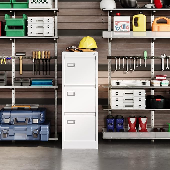 Metal Vertical File Storage Cabinet, 3 Drawer File Cabinet with Lock, 18" Deep Vertical Filing Cabinets for A4 Legal/Letter Size, Assembly Required (3 Drawer - White)