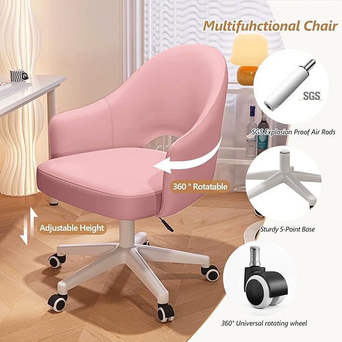 Home Office Chair Velvet Vanity Chairs Cute Makeup Desk Chair with Wheels Mid Back Computer Chairs Height Adjustable Small Swivel Rolling Task Chair