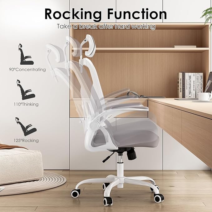 Farini Ergonomic Office Chair, Home Office Desk Chair with Headrest, High Back Computer Chair with Armrests and Adjustable Lumbar Support for Home Office Study Room, White & Gray
