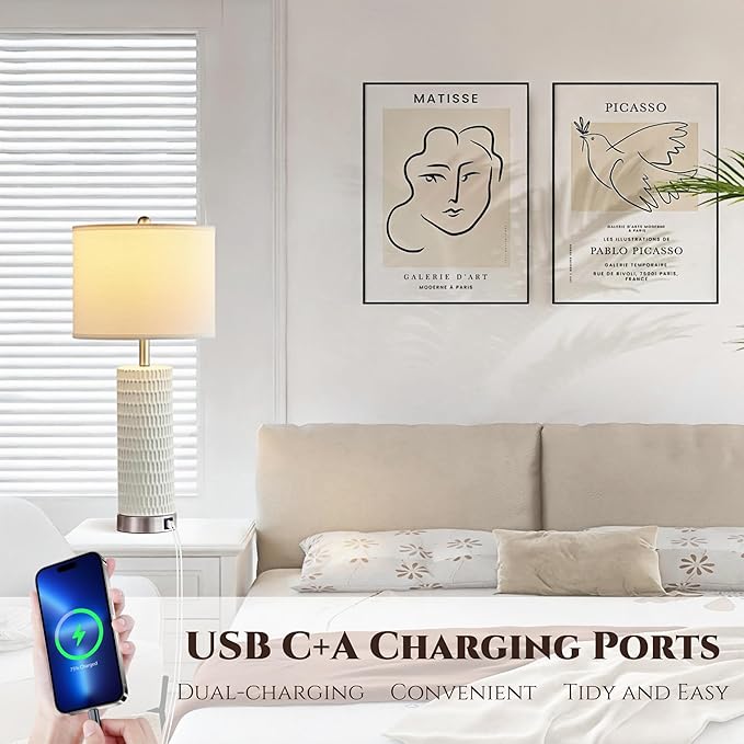White Table Lamps Set of 2, 28" Ceramic Lamps for Living Room with USB C+A Ports, Touch Lamps for Nightstand, 2 Bulbs Included