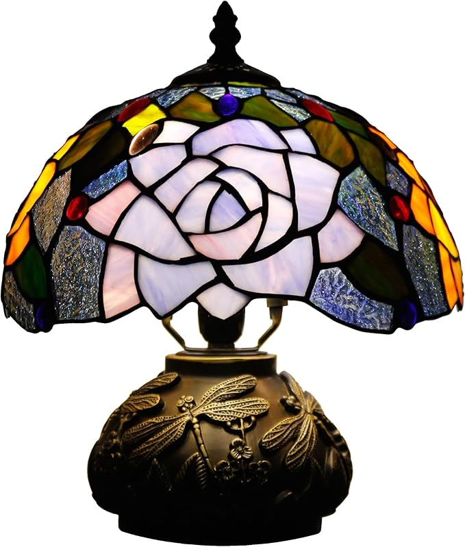 Small Tiffany Table Lamp Yellow Purple Rose Style Stained Glass Desk Lamp 10X11.5 Inch Mushroom Table Light for Office Home Living Room Bedroom