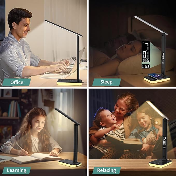 LED Desk Lamp with Wireless Charger, USB Charging Port, Reading Lamp Desk Light with 5 Brightness, 3 Colors, Table Lamp with Clock, Alarm, Date, Temperature, Desk Lamp for Home Office Study (Black)