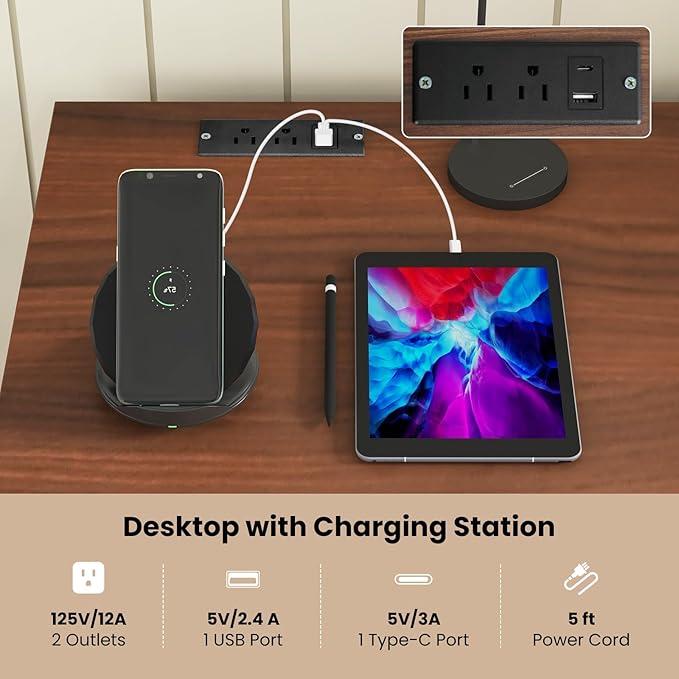 Tangkula Computer Desk with Drawers & Charging Station, Wooden Home Office Desk PC Laptop Notebook Desk, Compact Study Desk Writing Desk, Computer Workstation Ideal for Home & Office