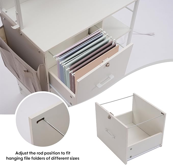 Vertical File Cabinet,Filing Cabinet with Shelves,Charging Station,Hanging Pouch and Hooks,Vertical Filing Cabinet Fits Letter/A4/Legal Size (White)