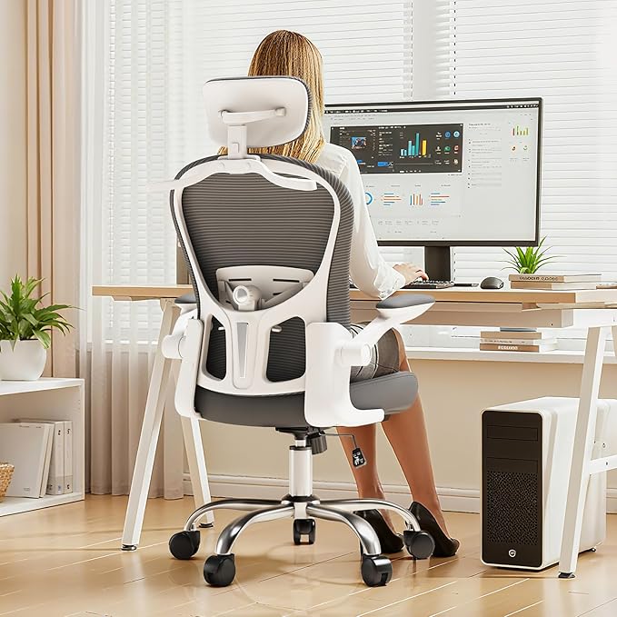 TLLMOON-6066 All-Around Fine-Tuned Comfort Chair. Liftable seat, 4D Lumbar Support, 2D armrests with headrest, Headrest, Hanging bar. Office, Home, Study(W-Grey)