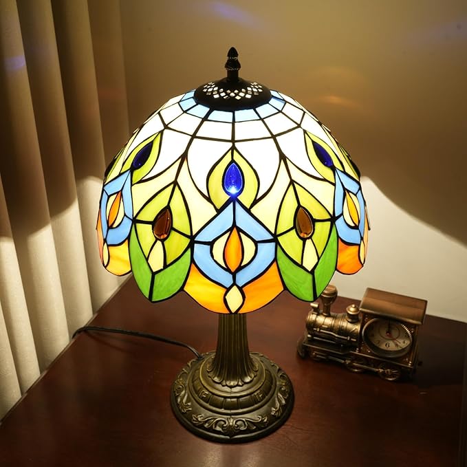 Tiffany Lamp Stained Glass Table Lamp 12-Inch Green Peacock Feather Living Room Bedside Table Coffee Shop Dormitory Home Office Decoration Tiffany Style Retro Luxury Decoration Gift (Orange lamp)