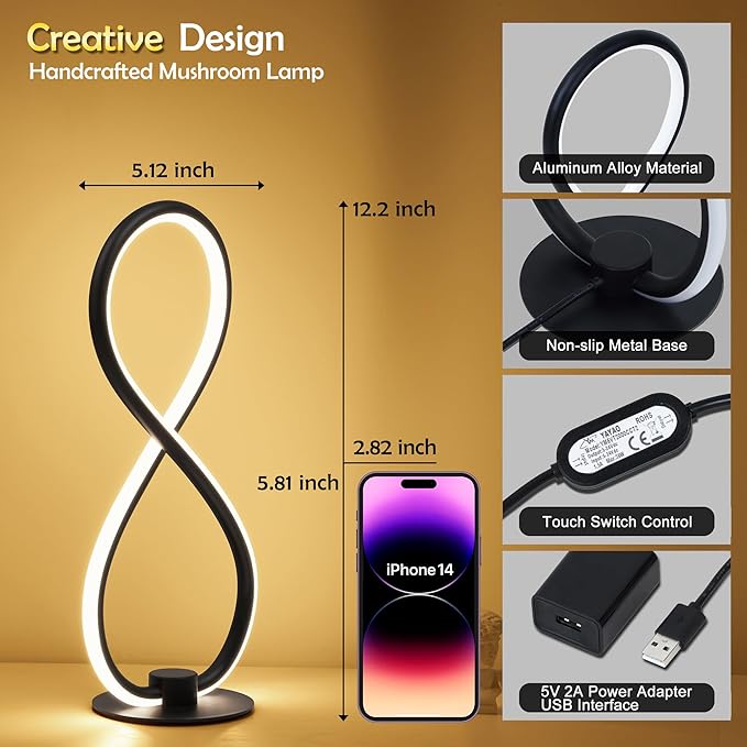 Modern Desk Table Lamp,3CCT 2700K/4000K/6500K Stepless Dimmable Bedside Lamp with USB Adapter,Black Table Lamp for Bedroom,Bedside,Nightstand,Dorm,Office