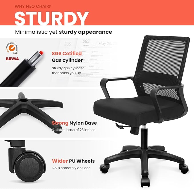 NEO CHAIR Office Chair Gaming Desk Computer Chair Ergonomic Mesh Mid Back with Wheels Lumbar Support Comfy Swivel Adjustable for Home (Black)