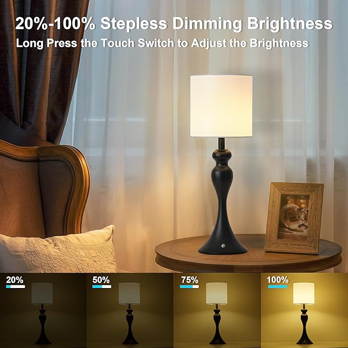 Table Lamp for Bedroom, Cordless Bedside Lamps for Living Room, Touch 3-Way Dimmable Desk Lamp for Night Stands, Rechargeable, Battery Operated Lamp with Fabric Shade for Dorm, Home Office (Black)