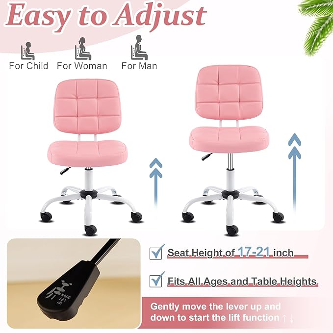 VINGLI Compact Small Desk Chair, Cute Armless Chair with Wheels, Vanity Chair with Low Back, Height Adjustable Task Chair for Small Spaces, Office, Bedroom, Make Up Room, PU Leather, Pink