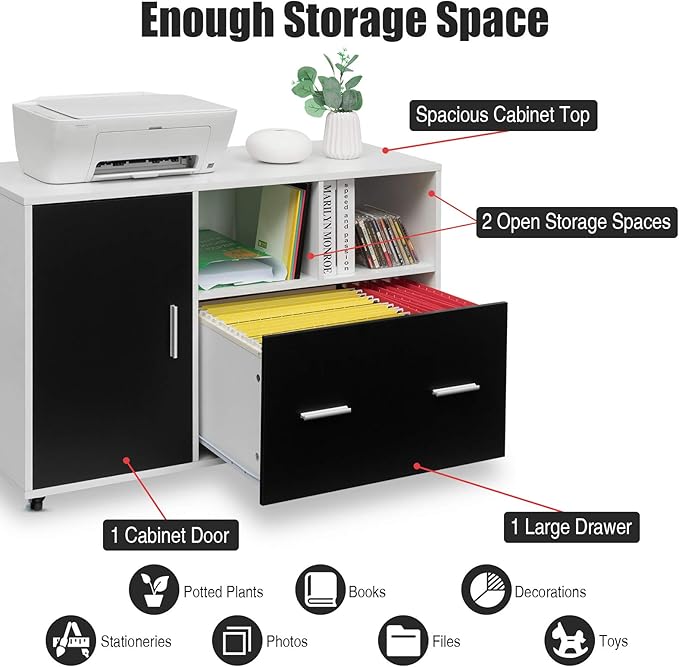 Giantex Lateral File Cabinet, Mobile Filing Cabinet with Drawer, Printer Stand with Open Storage Shelves, Wood Organizer for Home and Office A4 Letter and Legal Size (White & Black)