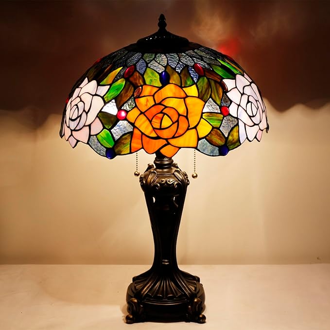 Tiffany Stained Glass Table Lamp 16X16X24 Inch Purple Orange Rose Flower Style Desk Bedroom Living Room Antique Reading Light (Purple Orange Rose)