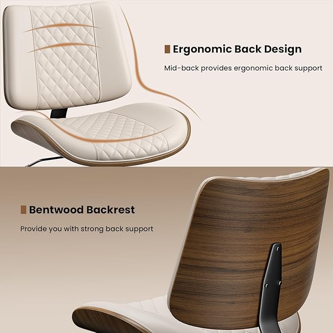 Home Office Chair with Wheels, Armless Office Desk Chair Adjustable Height, Swivel Rolling Modern Walnut Mid Back Computer Task Chair for Home Office, Small Space, Beige, Lozenge Pattern