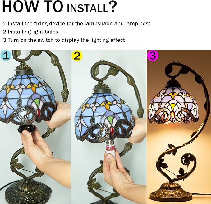 Tiffany Lamp,21x11x8 inches Stained Glass Lamp,Purple Baroque Tiffany Style Table Lamp with Three-Color Dimming for Bedside Table,Dining Table,Antique Office