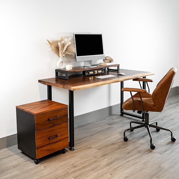 Solid Walnut Wood Computer Desk with Monitor Stand – Live Edge Wooden Home Office Desk – Handmade Real Wood Table for Work, Study, or Gaming - 60” x 27”