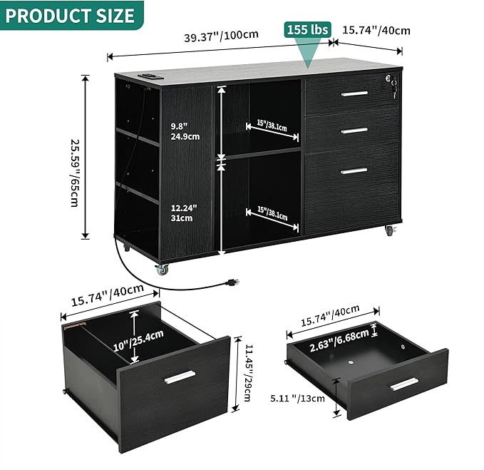 YITAHOME File Cabinet with Charging Station, Mobile Lateral Filing Cabinet with Lock for Home Office, Printer Stand with Open Storage Shelf, Fits A4, Letter, Legal Size Files, Office Furniture, Black