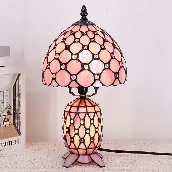 Small Tiffany Lamp Stained Glass Table Lamp Mini Mother Daughter Vase Desk Accent Night Light for Bedroom Bedside Reading Home Antique Style 8X14 Inches (Pink)