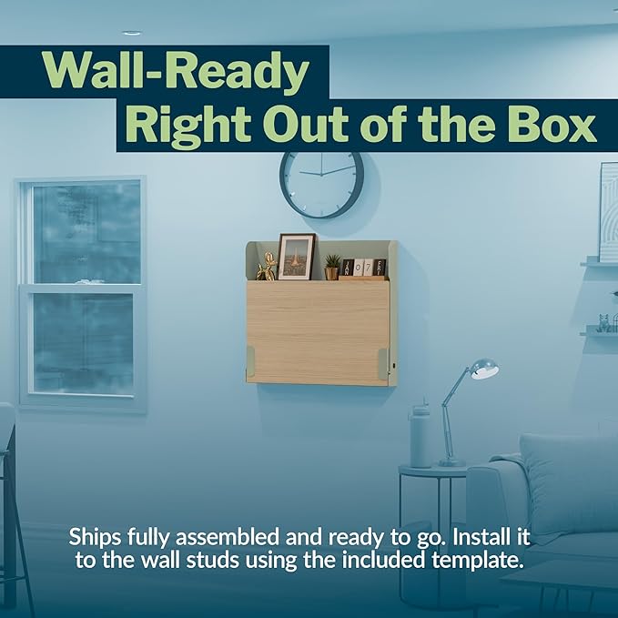 Vari Hide-Away Wall Mounted Floating Desk - 32” Foldable Murphy-Style Desk for Bedroom, Dorm, Apartment + Cable Ports, Bungee Storage, Shelf, 100 Lb Capacity + Simple Assembly (Seafoam/Light Wood)