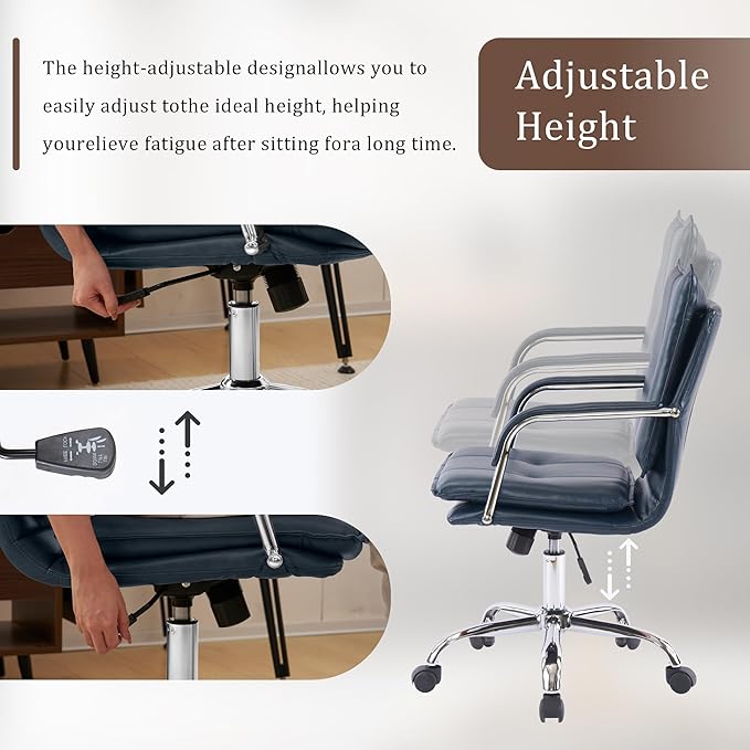 Mid-Back Ergonomic Leather Office Chair, Modern Upholstered Executive Desk Chair with Gold Frame Armrest Computer Task Chair (Dark Blue &Silver Legs)