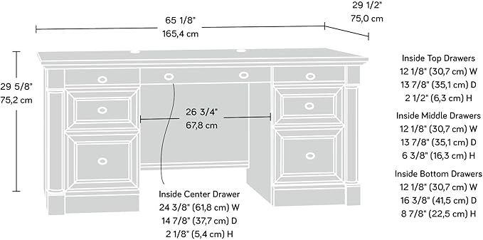 Sauder Palladia Executive Desk, L: 65.12" x W: 29.53" x H: 29.61", Select Cherry