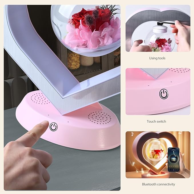 LoveLin Heart Preserved Rose Flowers with Bluetooth Speakers, 5W Pink Magnetic Levitation Table Lamp with Variable Color LED Light, Unique Forever Flower Gift for Women, Girls, Mother and Grandma
