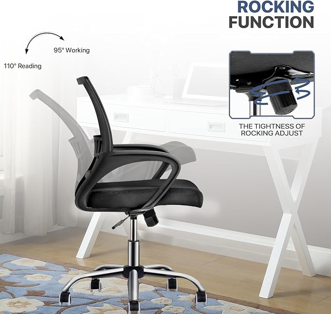 MoNiBloom Office Swivel Desk Mesh Chair, Mid Back Ergonomic Rolling Computer Task Chair with Lumbar Support, Adjustable Height/Tilt, Black