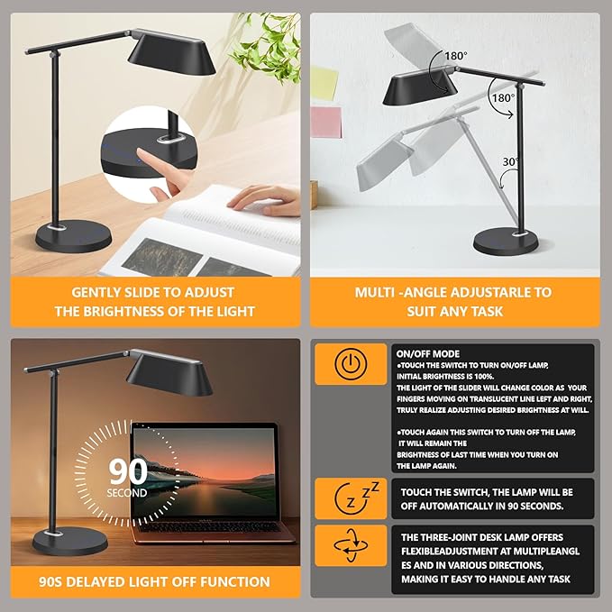 LED Desk Lamp for Office Home, Eye-Caring Ultra-Large LED Panel Desk Light with Multi-Angle Adjustment, Touch Desk Lamps with Stepless Dimming for Smart Delayed Shutdown Night Light, Reading, study.