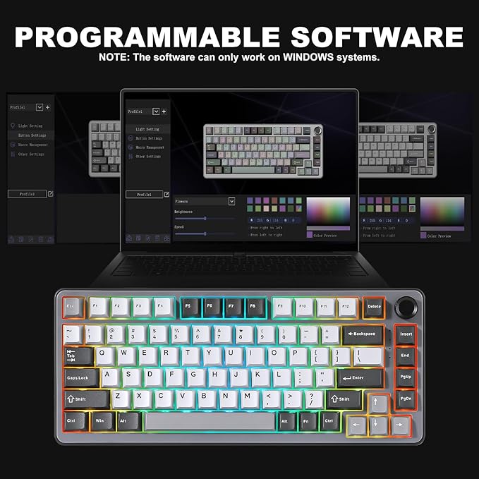 YUNZII B75 PRO Wireless Mechanical Keyboard,75% Layout with Knob,Hot Swap Gasket Custom Structure,Creamy Pre-lubed Switches,RGB Backlit,BT/Type-C/2.4G for Win/Mac(Cocoa Cream V2 Switch,Dark Grey)