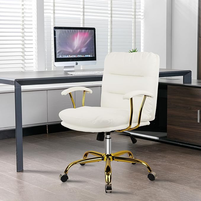 Leather Home Office Desk Chair, Mid-Back Vanity Chair Make Up Chair with Gold Wheels and Armrests, Rolling Swivel Computer Task Chair for Office Bedroom Living Room Girls Women, White, 8 Pack