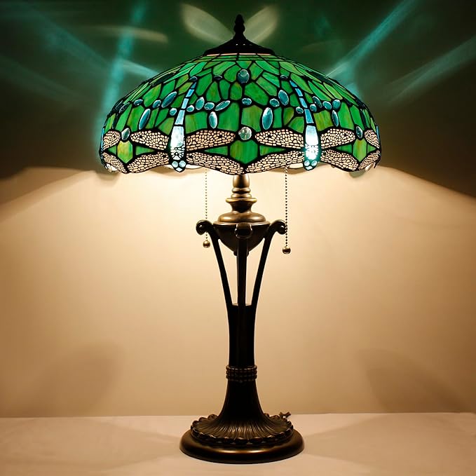 Tiffany Table Lamp Green Stained Glass Desk Lamp 16X16X24Inches Dragonfly Style Reading Light