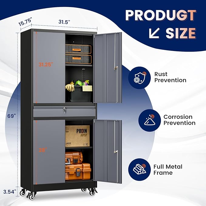 Yizosh Metal Garage Storage Cabinet with Locking Doors and Adjustable Shelves, -73" Steel Rolling Tool Storage Cabinet with 4 Wheels and 1 Drawer for Garage,Office,Warehouse