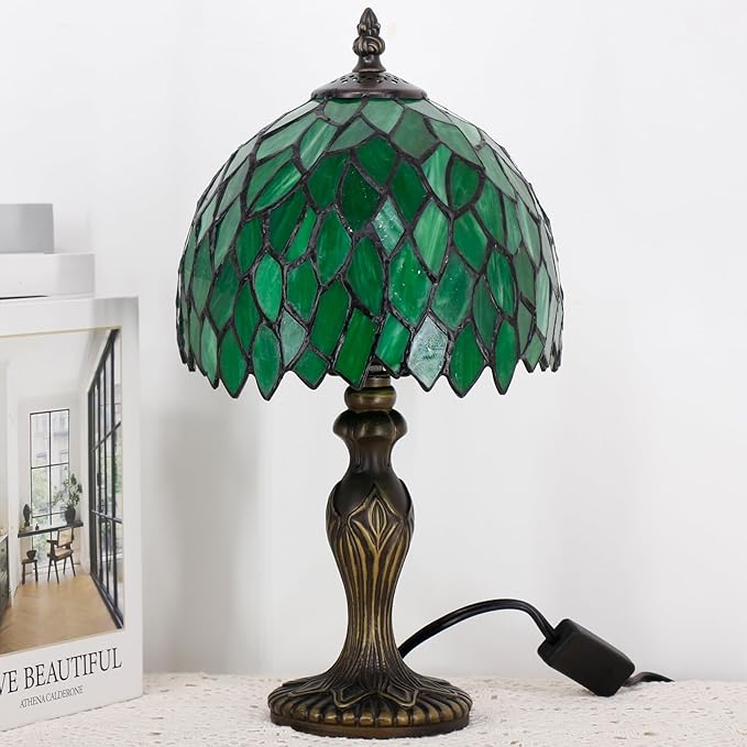 Small Tiffany Lamp Stained Glass Table Lamp Mini Desk Accent Light for Bedroom Bedside Reading Home Antique Style Decor 8X15 Inches (Green Wisteria)