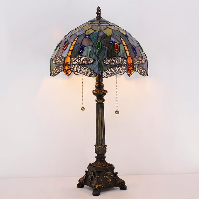 Tiffany Table Lamp Brown Yellow Stained Glass Desk Lamp 12X12X21 Inches Dragonfly Style Reading Light