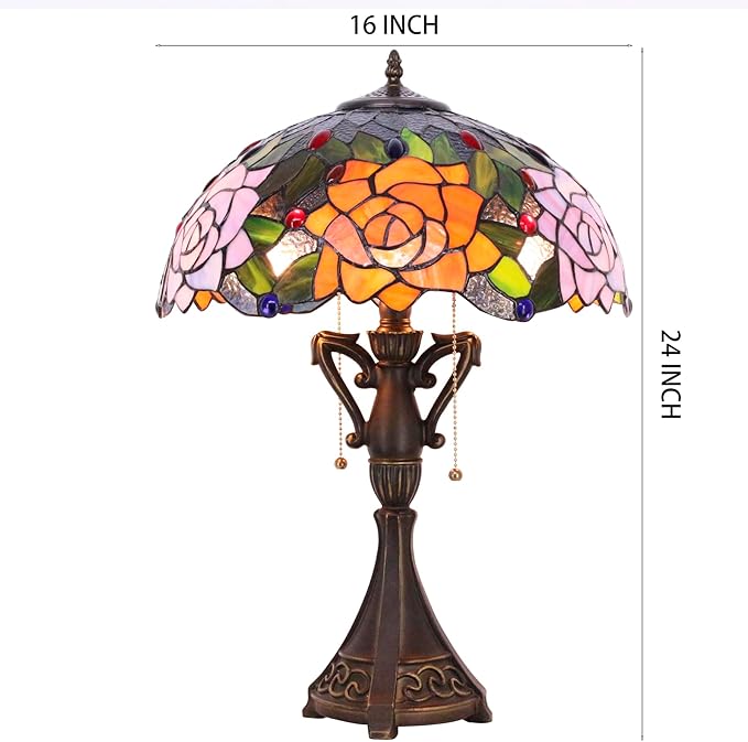 Tiffany Table Lamp 24 Inch High Antique Stained Glass Purple Orange Rose Flower Desk Reading Light Wide 16 Inch for Bedroom Living Room Home Office