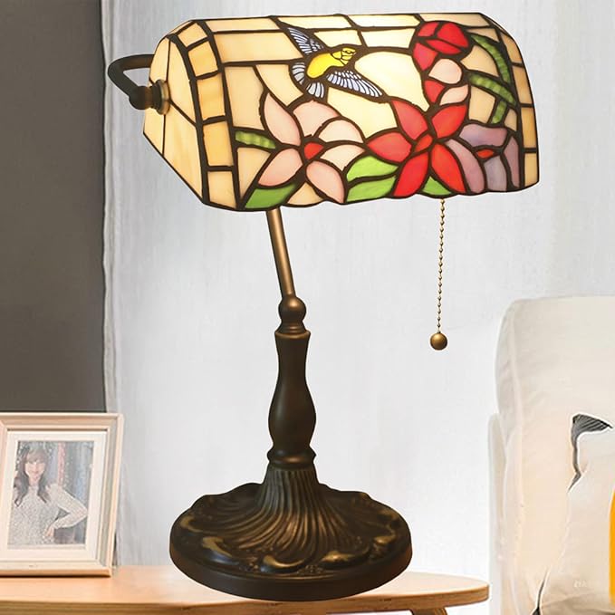 Tiffany Style Stained Glass Bankers Desk Lamp, Rose Flower Pattern, Multicolor, Alloy Base, 10.62" W x 15.35" H